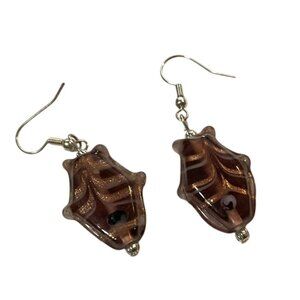 Art Glass Fish Earrings With Swirled Design & Fishhook Backs Brown & Copper Wome